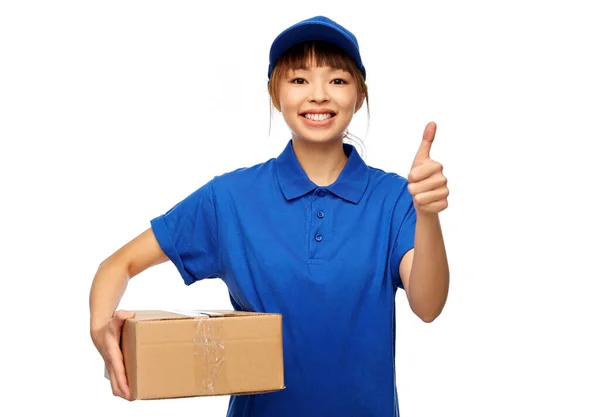 Profession Job People Concept Happy Smiling Delivery Woman Blue Uniform — Foto de Stock