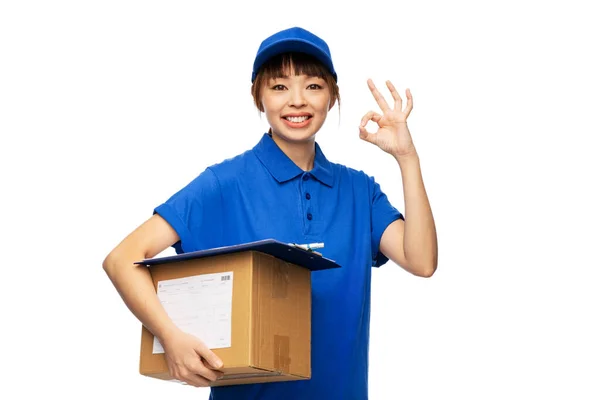 Profession Job People Concept Happy Smiling Delivery Woman Blue Uniform — 图库照片