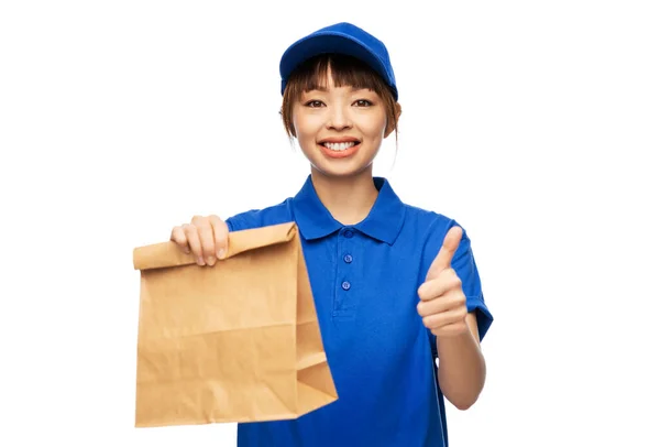 Service Job Concept Happy Smiling Delivery Woman Blue Uniform Takeaway — Fotografia de Stock