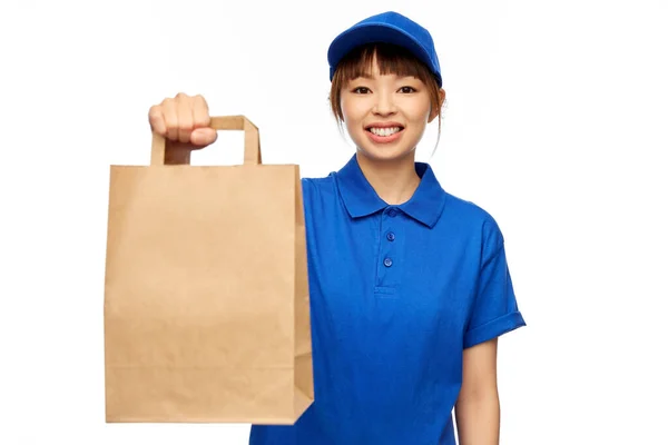 Servicio Concepto Trabajo Mujer Feliz Entrega Sonriente Uniforme Azul Con —  Fotos de Stock