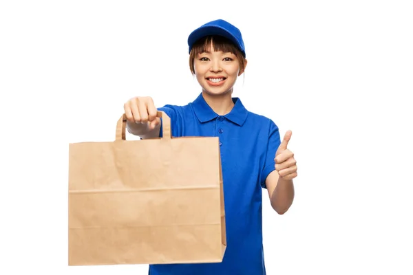 Service Job Concept Happy Smiling Delivery Woman Blue Uniform Takeaway — Foto de Stock