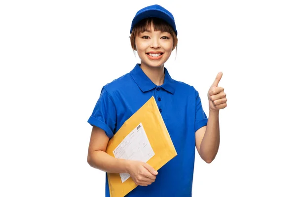 Profession Job People Concept Happy Smiling Delivery Woman Blue Uniform — Foto Stock