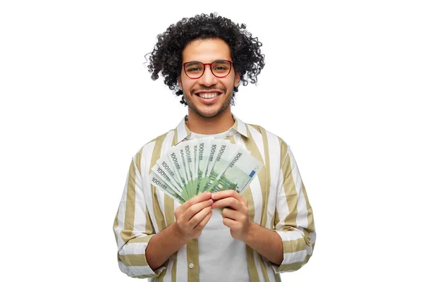 Finance Currency People Concept Happy Man Holding Hundreds Euro Money — Stockfoto