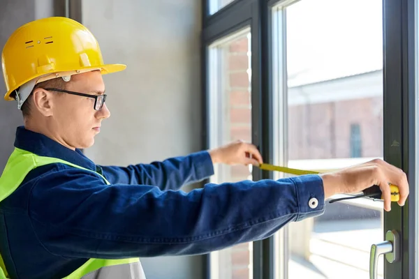 Construction Business Building Concept Male Builder Ruler Measuring Window — ストック写真
