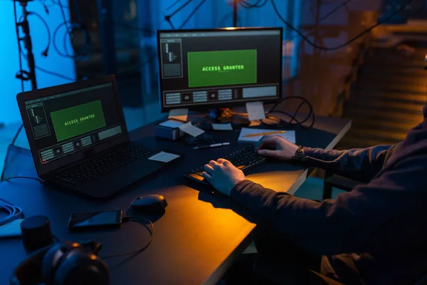 Cybercrime Hacking Technology Concept Close Male Hacker Dark Room Writing — Stok fotoğraf