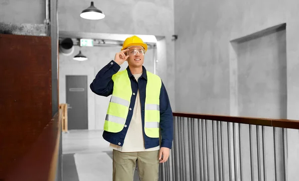 Architecture Construction Business Building Concept Happy Smiling Male Builder Helmet — Foto Stock