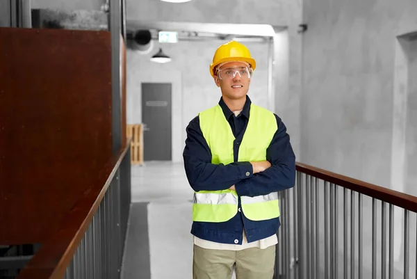 Architecture Construction Business Building Concept Happy Smiling Male Builder Helmet — Foto Stock