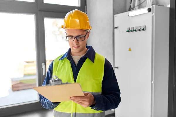 Construction Business Building Concept Male Electrician Worker Helmet Safety West — Stock fotografie