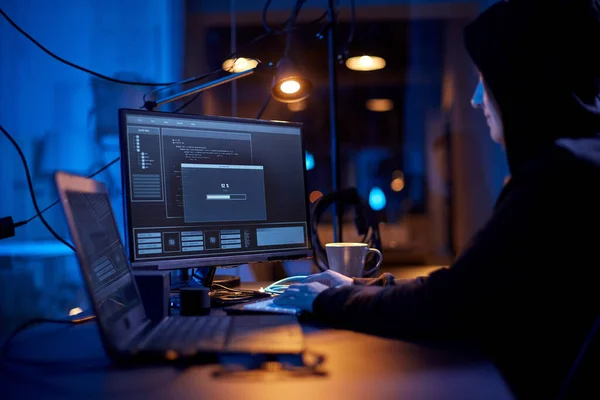 Cybercrime Hacking Technology Concept Female Hacker Dark Room Writing Code — Stock Photo, Image