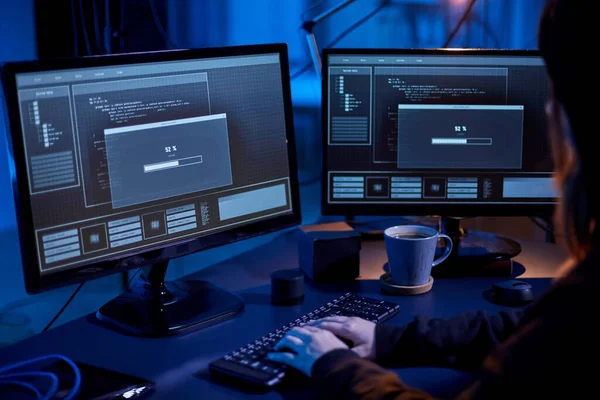 Cybercrime Hacking Technology Concept Close Female Hacker Dark Room Writing — Zdjęcie stockowe