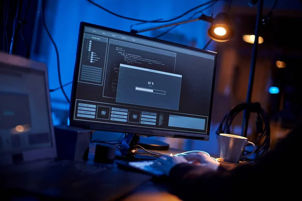 Cybercrime Hacking Technology Concept Close Male Hacker Dark Room Writing —  Fotos de Stock