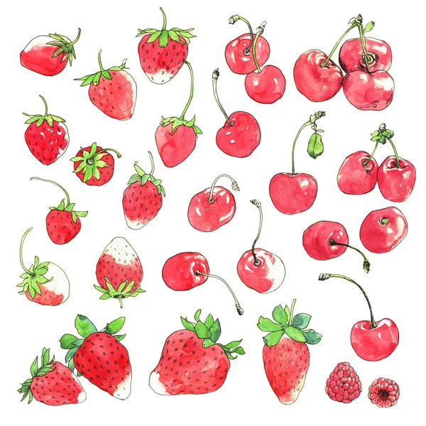 Fresas y cerezas de acuarelas dibujado a mano — Foto de Stock