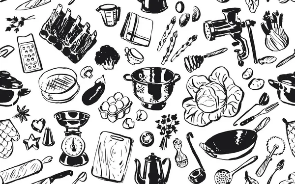 Küchenausstattung Hintergrund Kochbuch Nahtlose Muster Kulinarische Werkzeuge Und Zubehör — Stockvektor