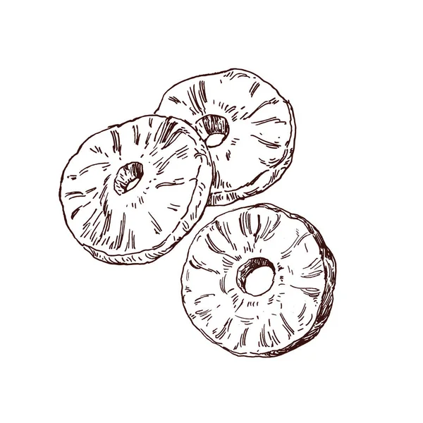 成熟的菠萝片 手工绘制的菠萝果 紧密的食物插图 线条艺术扁平风格的图画 简单的涂鸦素描隔离在白色上 — 图库矢量图片