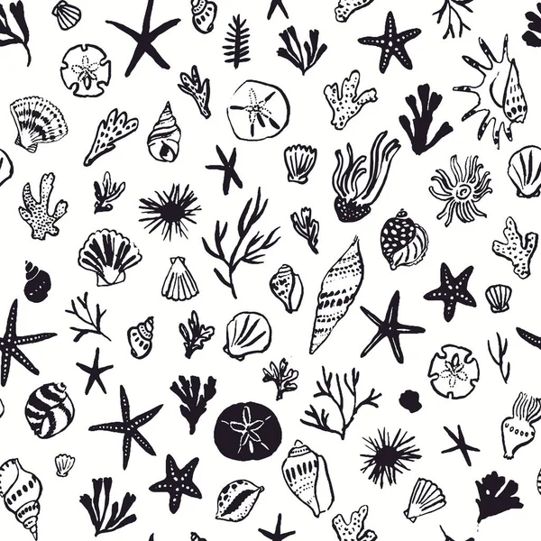海洋世界无缝模式 背景与海贝壳和海洋植物 夏季设计 — 图库矢量图片