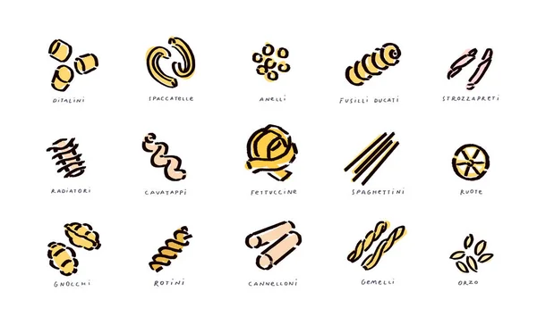 Pasta Schema Pictogrammen Doodle Collectie Pasta Variëteit Set — Stockvector