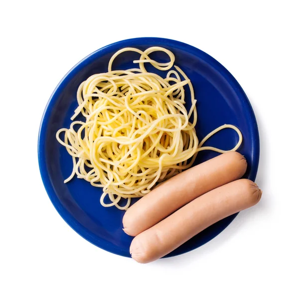 Two sausages and pasta on a blue plate — Stock Photo, Image