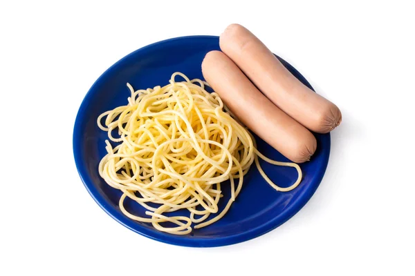 Two sausages and pasta on a blue plate — Stock Photo, Image