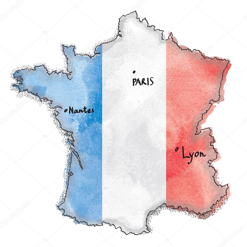 France map on flag watercolor painted.