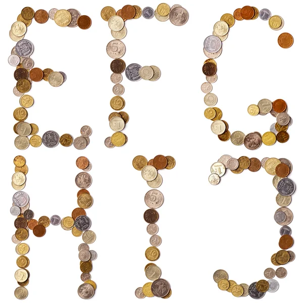 E-F-G-H-I-J alphabet letters from the coins — Stock Photo, Image