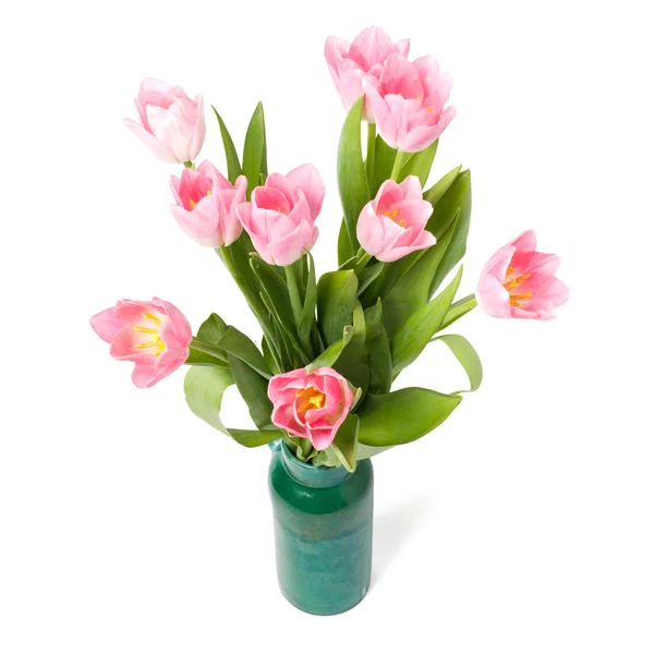 Bouquet of tulips in the green vase — Stock Photo, Image