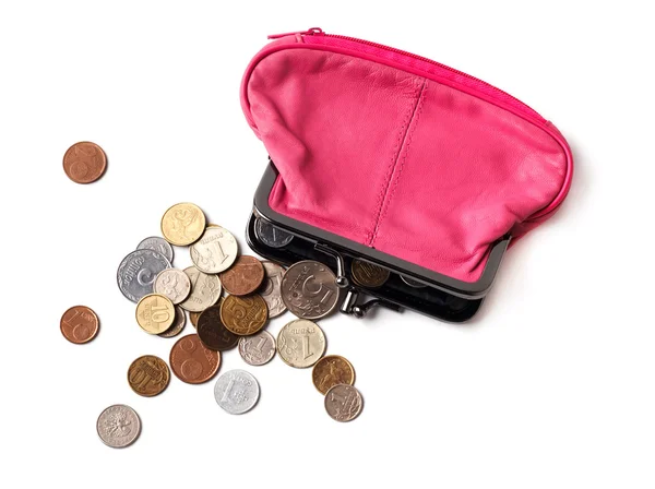 Bolsa de couro rosa e moedas — Fotografia de Stock