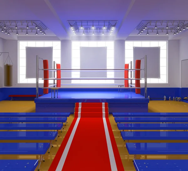 Ginásio de boxe com anel azul e cantos vermelhos Fotografias De Stock Royalty-Free