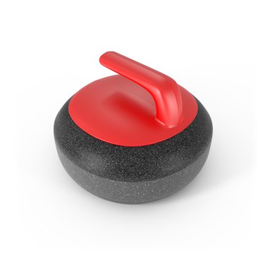 Render curling taşı üzerinde beyaz izole Kırmızı saplı
