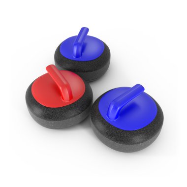 Curling taşı üzerinde beyaz izole kırmızı ve mavi saplı