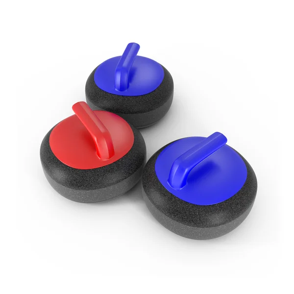 Piedras Curling con mango rojo y azul aislado en blanco — Foto de Stock