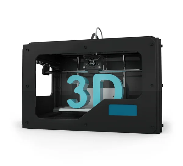 3D-skrivare i aktion isolerad på vit Stockbild