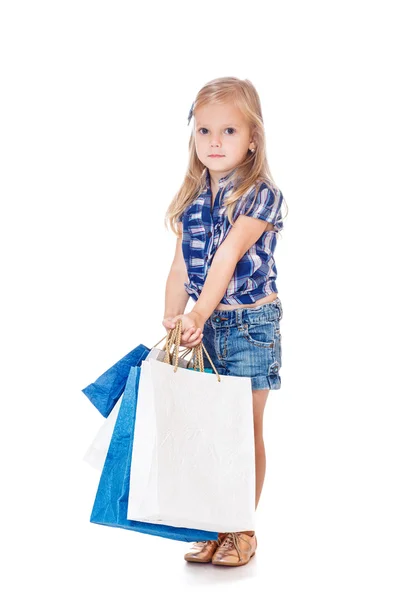 Little shopper in denim wear — Stock Photo, Image