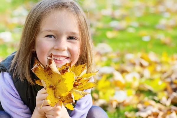 Дошкольная девочка с желтыми листьями — стоковое фото