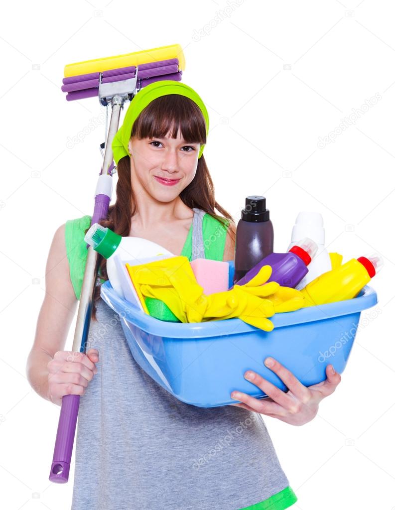 Girl with detergents and mop