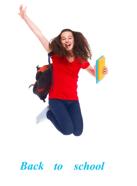 Menina com livros saltando — Fotografia de Stock