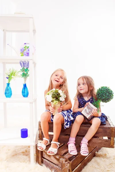 Girls sit on wooden boxes — Stock fotografie