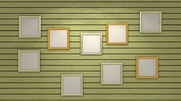 Houten muur met frames — Stockfoto