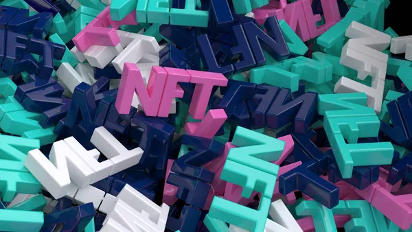 Abstrakt digital bakgrund med hög av NFT skyltar närbild — Stockfoto