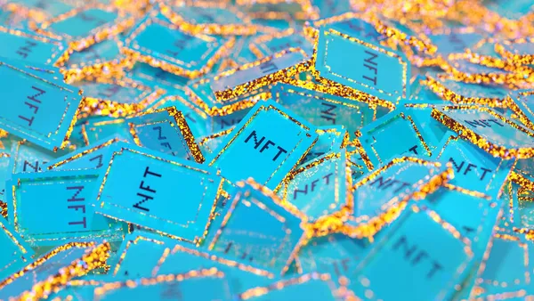 Ragyogó és fényes digitális háttér egy halom stilizált NFT tokenek Jogdíjmentes Stock Fotók