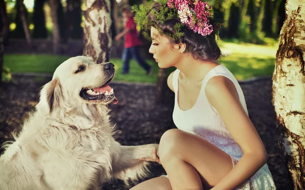 Genç bir kadın onu köpek eğitimi Stok Resim