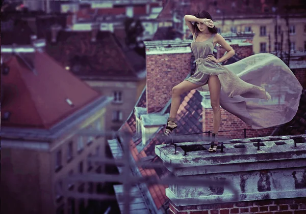 屋根の上に立っている女性の幻想的な写真 — ストック写真