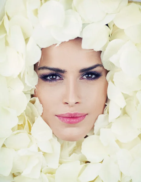 Bella faccia di donna tra petali di rosa — Foto Stock