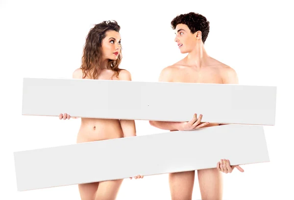 Nackt attraktives Paar mit leeren Brettern — Stockfoto