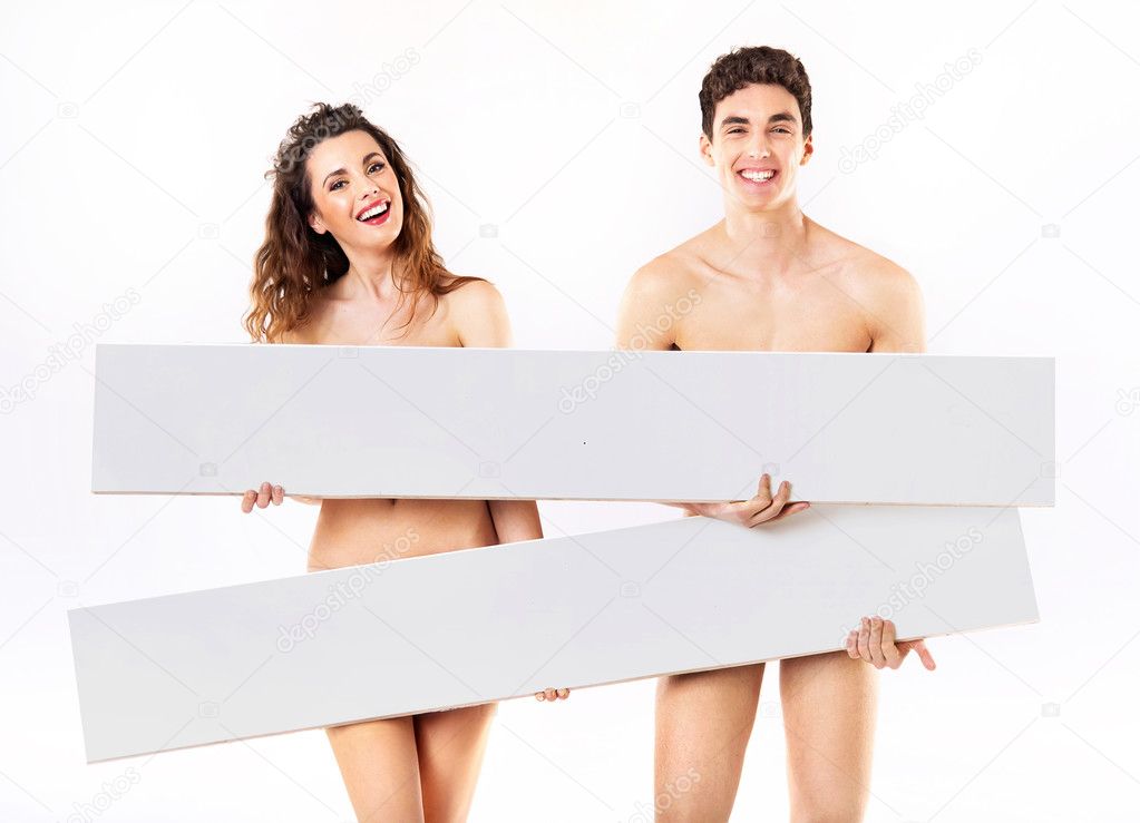 Laughing nude couple with empty adverts