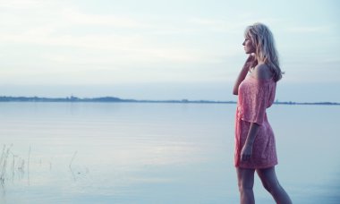 güzel bir elbise giyen hassas sarışın kadın