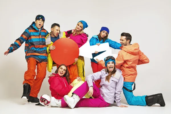 Funy picture of snowboarders playing a hoaxes — Stock Photo, Image