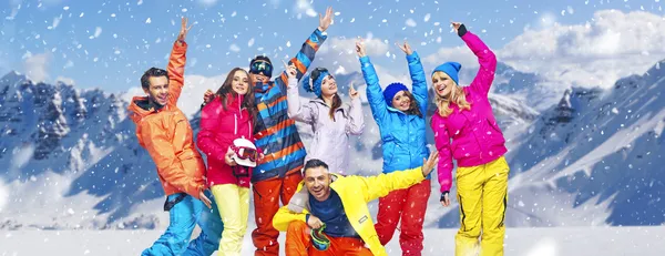 Panoramic photo of cheerful snowboarders — Stock Photo, Image