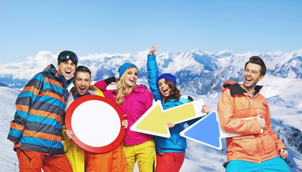 Snowboarders alegres com sinais funy Imagens De Bancos De Imagens Sem Royalties