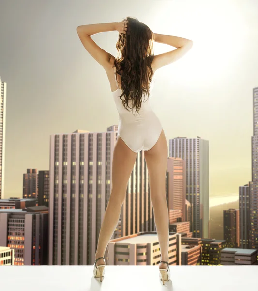 Mujer sexy en la terraza en el rascacielos Fotos de stock libres de derechos