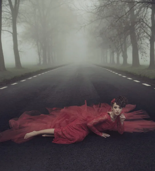 Mulher elegante bonita em uma estrada de campo — Fotografia de Stock